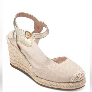 🔥🔥Cole Haan Natural Linen and Leather Espadrille Wedge with Gold Ankle Strap NWT